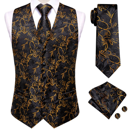 Men's Jacquard Floral Suit Vest Set with Tie Hanky Cufflinks for Wedding & Business