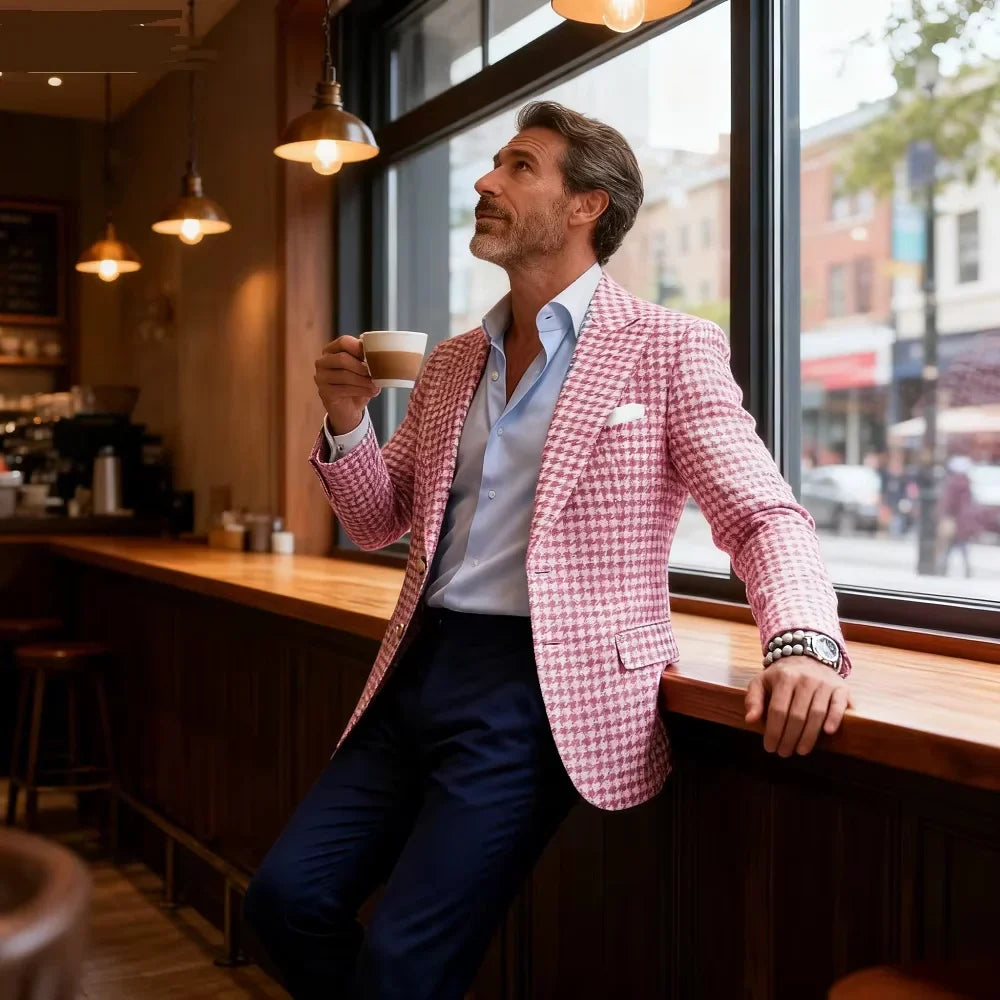 1 Piece Men's Pink Houndstooth Suit Jacket Formal Peak Lapel Blazer for Party Prom Business Groom Tuxedos Tops Only One Coat