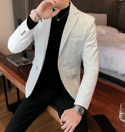Thin Leather Man Suits and Blazers Simple Breasted Clothing Handsome Classic Menswear High Quality Coats Casual Jacket for Men