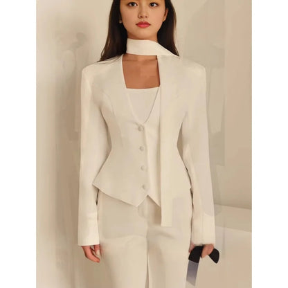 Fashionable Pure Color V-Neck Scarf Decorated Long Sleeve Casual Small Western Style Coat Top Women's Spring Summer Autumn