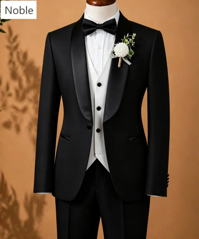 Men 3 Piece Suit Black Satin Collar White Shawl Lapel Slim Fit Groom Tuxedo Jacket Vest Pants Wedding Prom Coat Customized