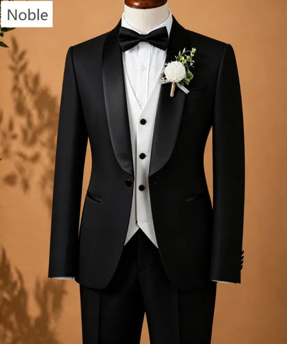 Men 3 Piece Suit Black Satin Collar White Shawl Lapel Slim Fit Groom Tuxedo Jacket Vest Pants Wedding Prom Coat Customized