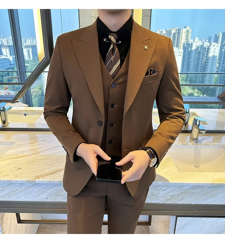 (Blazer + Vest + Trousers) 2024 New Men Formal Business Solid Suit 3 Pieces Set Italian Style Luxury Wedding Social Party Tuxedo
