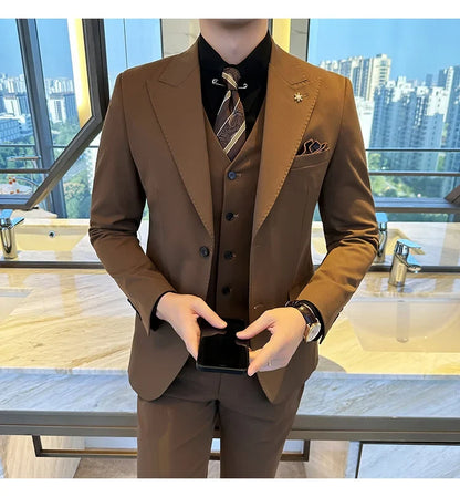 (Blazer + Vest + Trousers) 2024 New Men Formal Business Solid Suit 3 Pieces Set Italian Style Luxury Wedding Social Party Tuxedo