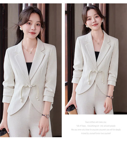 Elegant National Style Buckle Pants Suit  2024 Autumn New Professional Temperament Slim Blazer And Pants Office Ladies Work Wear