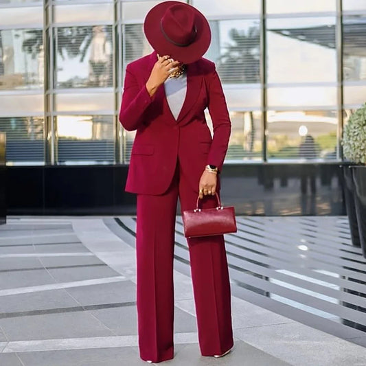 Powerful Women Single Button Wine Red Suit Set Minimalist Blazer Wide Leg Pants 2 Piece Formal Office Wedding Outerwears