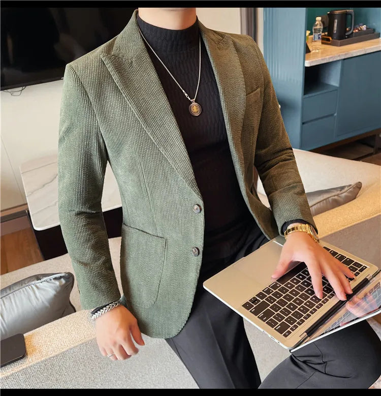 Men's Smart Casual Single Breasted Blazer – Spring Autumn Jacket in Green, Black & Coffee