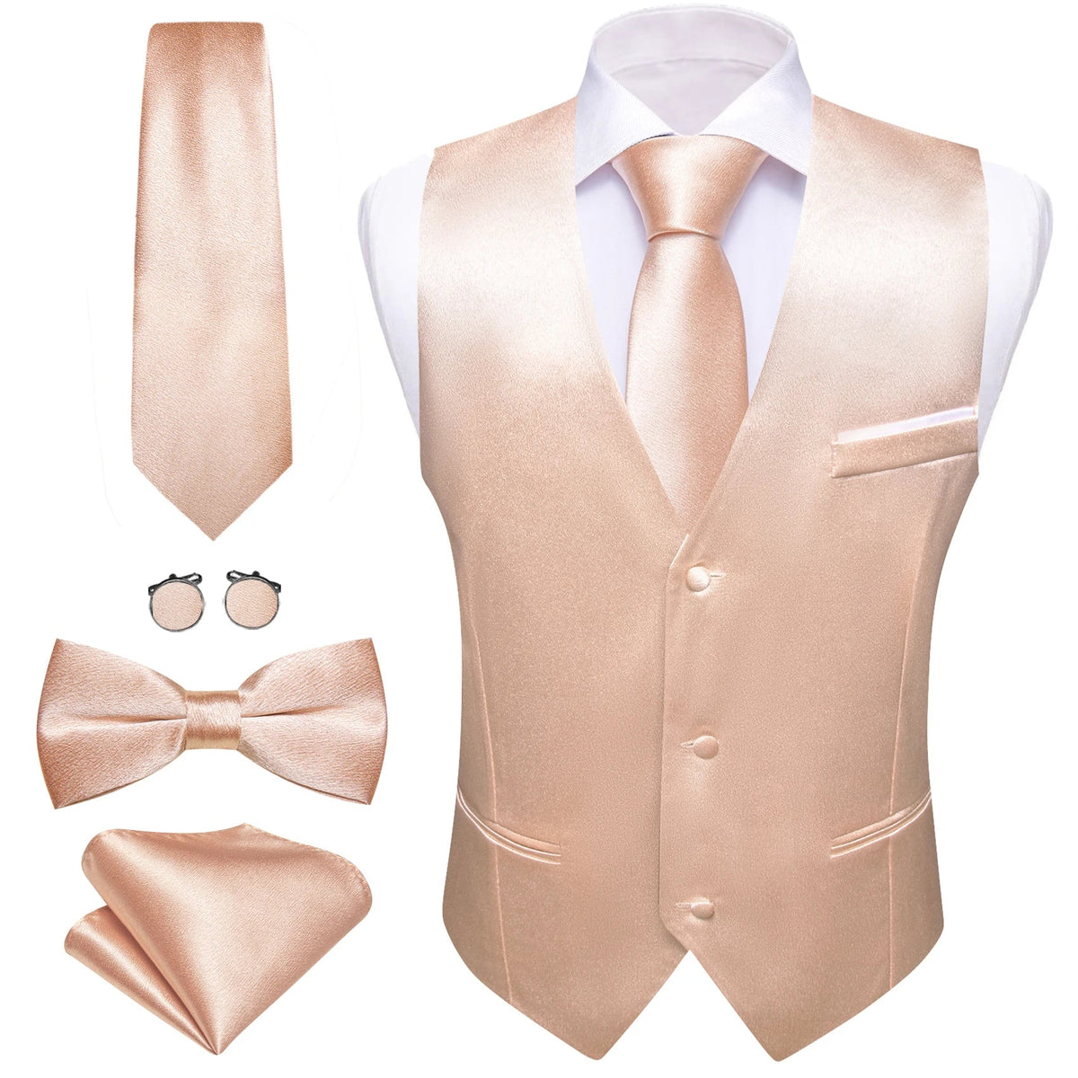 Men's Suit Vest 5-Piece Set – Solid Color V-Neck Waistcoat with Tie, Bow Tie, Pocket Square & Cufflinks for Wedding & Business