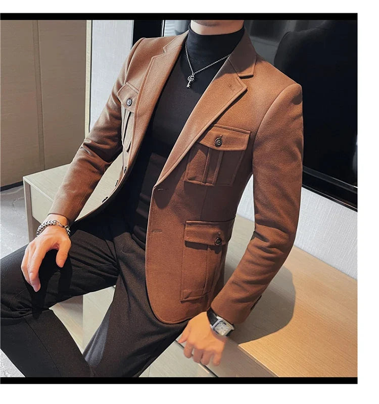Winter Woolen Suit Jacket for Men Multiple Pockets Slim Fit Casual Business Blazers Masculino Wedding Streetwear Social Coats