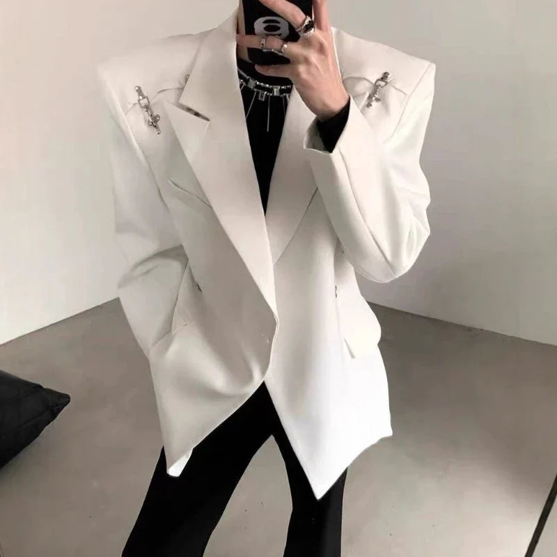 Men's Premium Korean Style Single-Breasted Casual Blazer Set Autumn Trendy Split-Design Loose Fit Elegant Jacket Outerwear