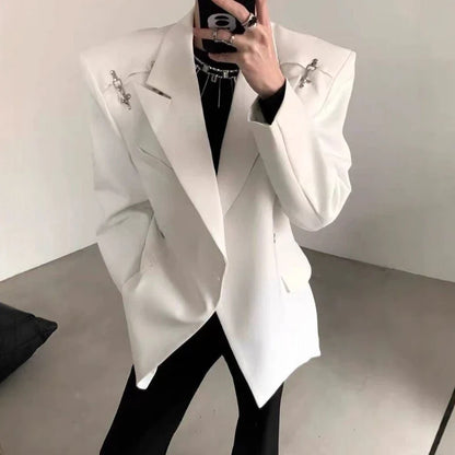 Men's Premium Korean Style Single-Breasted Casual Blazer Set Autumn Trendy Split-Design Loose Fit Elegant Jacket Outerwear