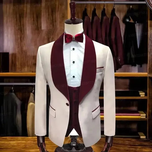 White men Wedding Suits For Groom With Gold Shawl Lapel 3 Piece Custom Slim Fit Men Suits Set Jacket Vest Pant