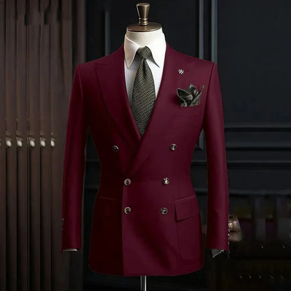 Solid Blazer for Men Peak Lapel Double Breasted Dinner Jacket Elegant Smoking Slim Fit Suit Coat for Wedding/Business Banquet