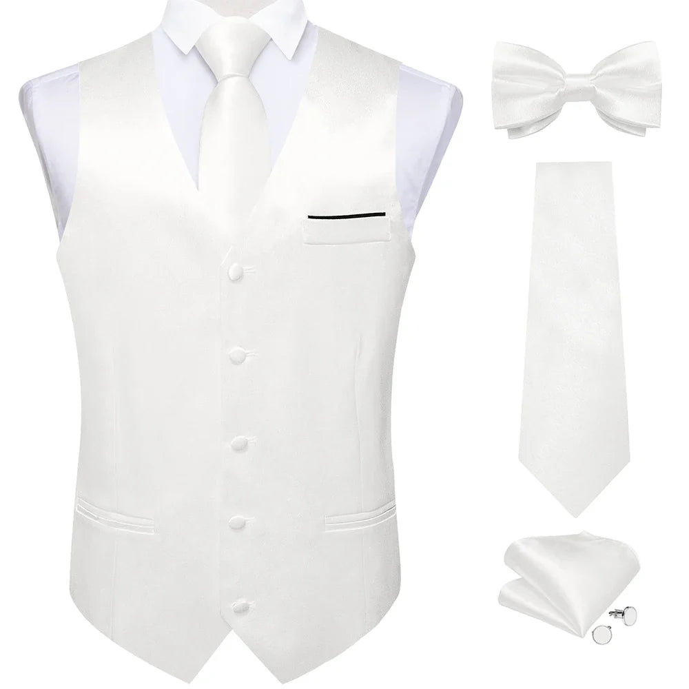 Men's Satin Suit Vest Set with Necktie Bow Tie Handkerchief and Cufflinks for Wedding and Formal Occasions