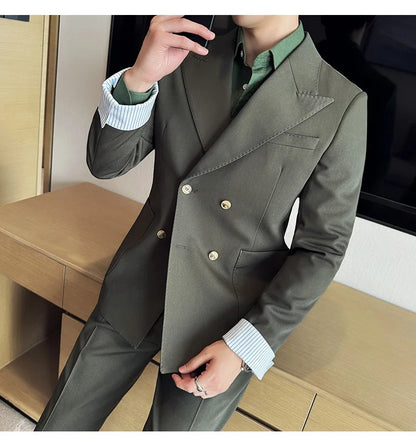 Korean Style Double Breasted Suit Jacket for Men Fashion Casual Business Suit Jackets Office Social Banquet Blazer Masculino