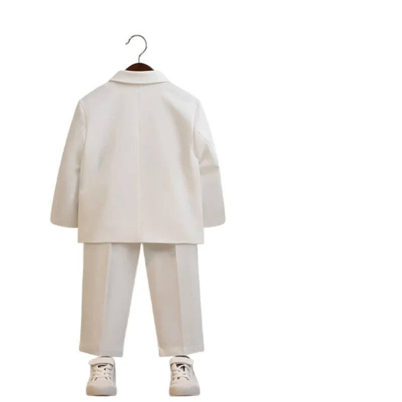 Kids Pure White Casual Suit Set Boys 3Pieces Wedding Dress With Jacket Pants Necklace Flower Kids Piano Performance Costume