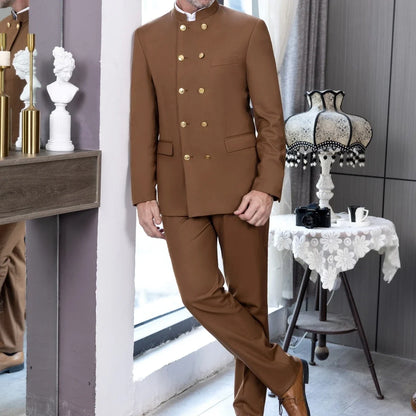Men Suit 2 Piece Light Brown Double Button Hight Neck For Wedding Groom Business Party Prom Banquet Work Office Jacket Pants
