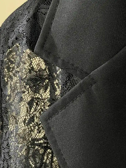 Women Black Sheer Floral Lace Blazer Long Sleeve Lapel Collar Single Breasted See Through Loose Fit Casual wear 2026 new