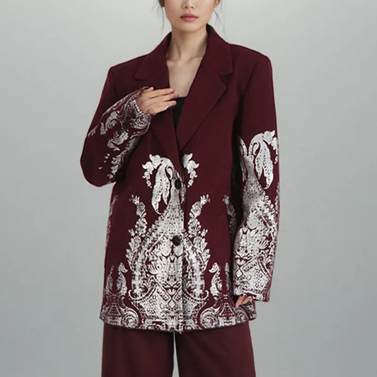Autumn Winter New Women Blazer Printed Single Breasted Long Sleeve Elegant Fashion Personality High-end Woolen Coat HK17819