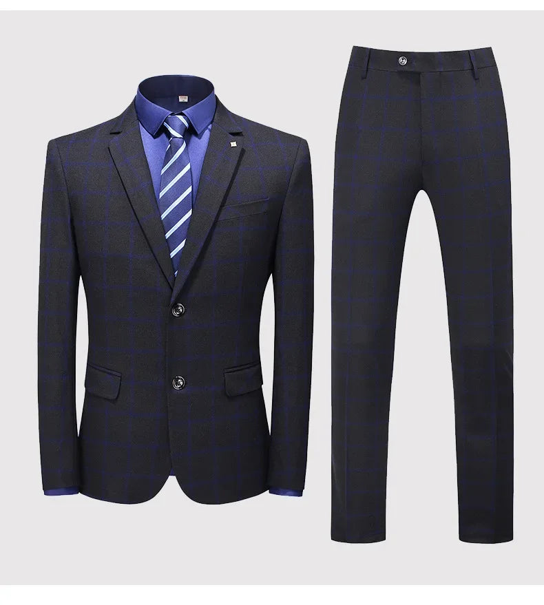 Men's Suit Set – Blazer, Vest & Trousers – British Grid Smart Casual for Business & Weddings