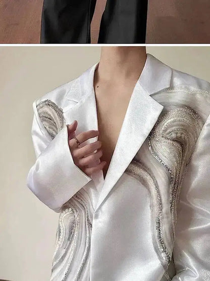 2026 New Original Luxury Temperament Sequin Gauze Patchwork Design Blazer Coat Men Elegant Handsome Casual Jacket JY7013
