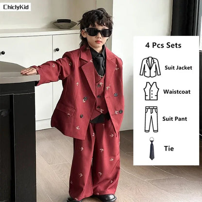 Boys Loose Blazer Jacket Waistcoat Pants Clothes Sets Kids Formal Dress  Suits Casual Child Toddler Party Butterfly Leisure Suit