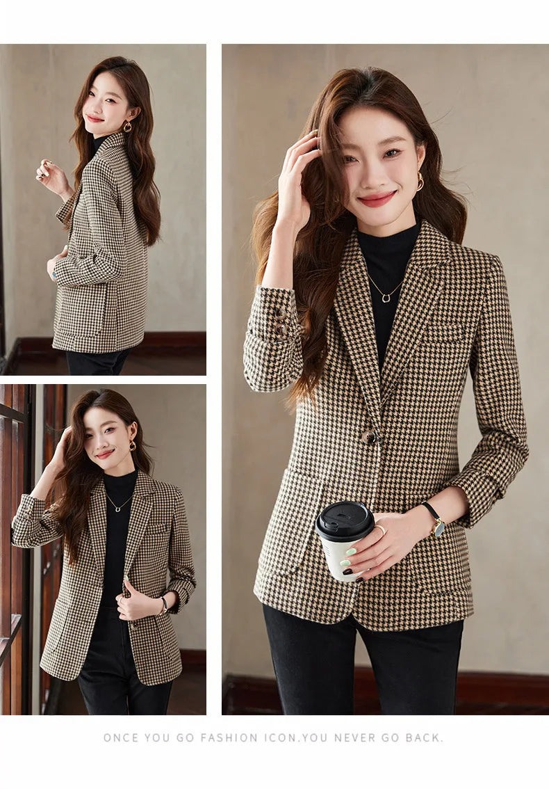 Women Office Ladies Single Breasted Slim Blazer Coat Autumn Winter Fashion Plaid Temperament Long Sleeved Elegant Tops Vacation