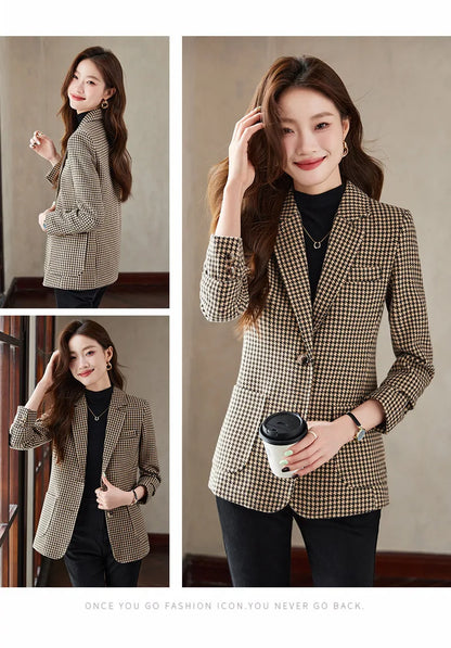 Women Office Ladies Single Breasted Slim Blazer Coat Autumn Winter Fashion Plaid Temperament Long Sleeved Elegant Tops Vacation