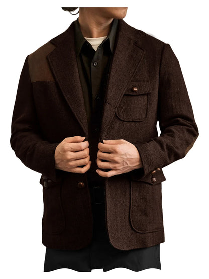 Men's Herringbone Tweed Blazer Shoulder Patchwork Suede Notch Lapel Suit Jacket Classic Fit Casual Business Vintage Sport Coat