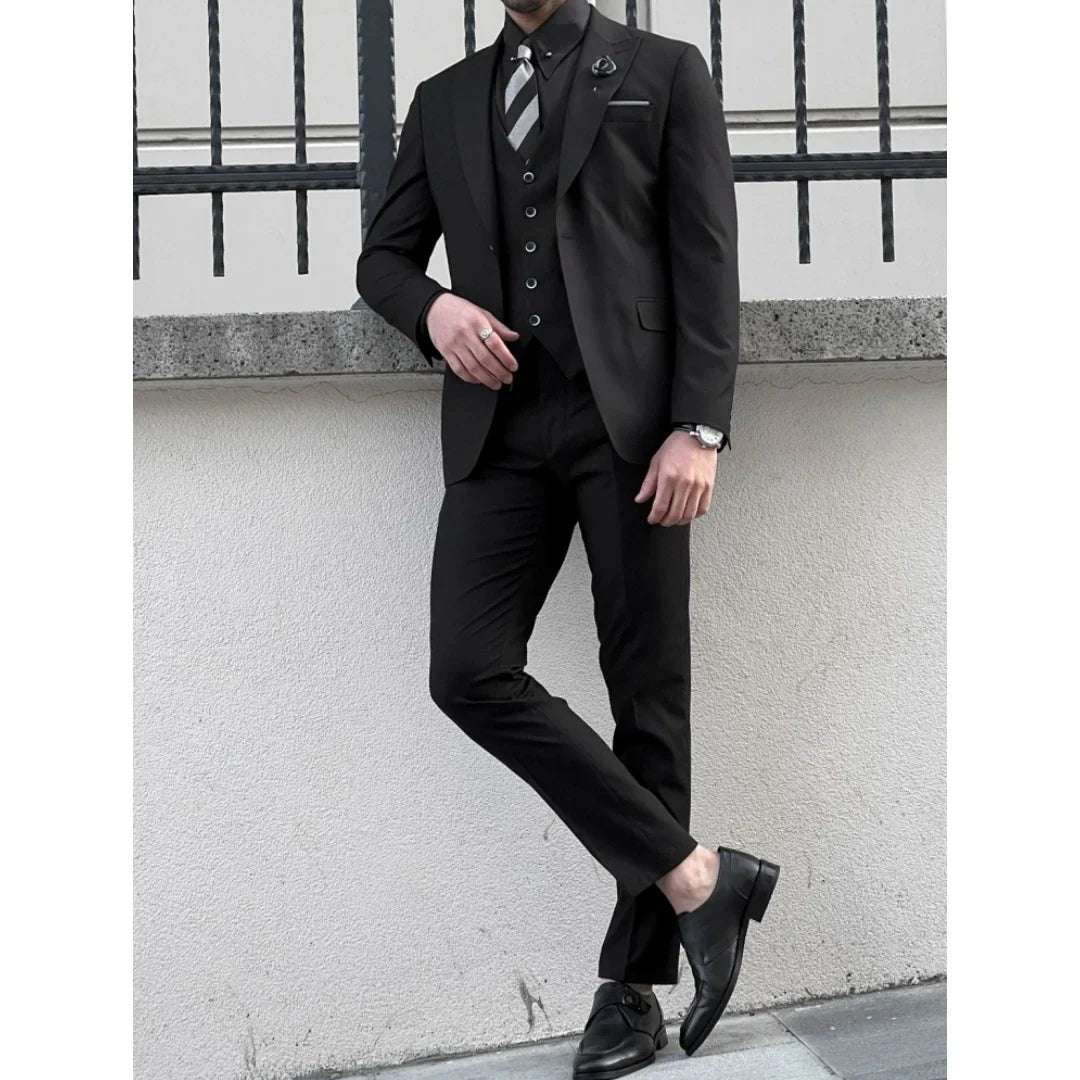 Men Suit 3 Piece Black Solid Single Button With Lapel For Wedding Banquet Birthday Party Prom Business Work Jacket Vest Pants