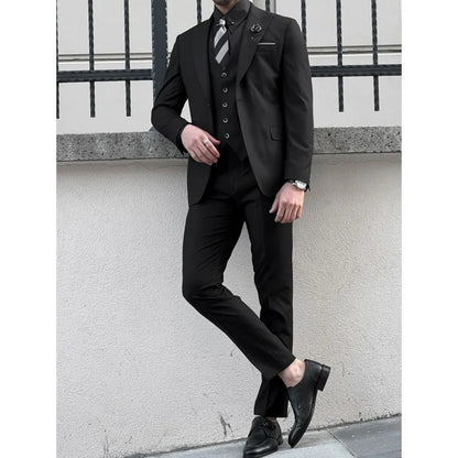 Men Suit 3 Piece Black Solid Single Button With Lapel For Wedding Banquet Birthday Party Prom Business Work Jacket Vest Pants