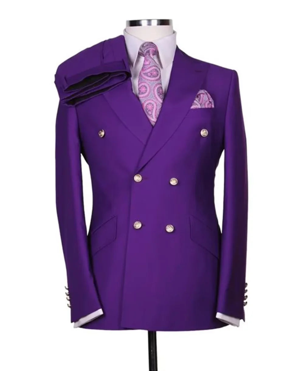Men's Serge Suit 2 Piece Double Breasted Slim Fit Peak Lapel Gold Button High Quality Formal Blazer Pants Formal Business Weddin