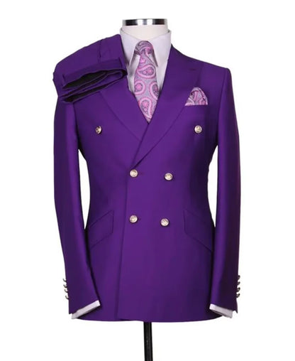 Men's Serge Suit 2 Piece Double Breasted Slim Fit Peak Lapel Gold Button High Quality Formal Blazer Pants Formal Business Weddin