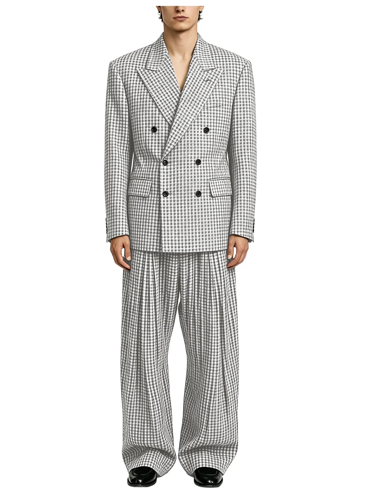 Men's Thin 2 Piece Suit Double Breasted Peak Lapel Blazer Wide Straight Leg Pants Summer Formal Set For Wedding Party