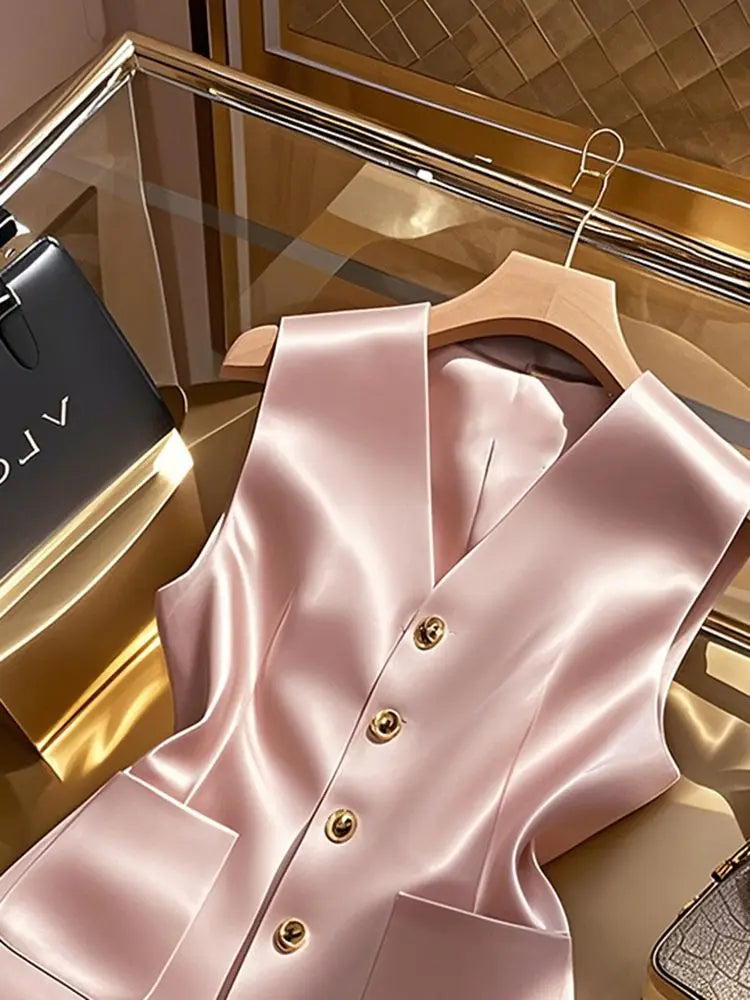 Elegant Pink Satin Waistcoat Vest For Women V‑neck Sleeveless Blazer Vest Pockets Slim Office Business Formal Lady Outerwear Top
