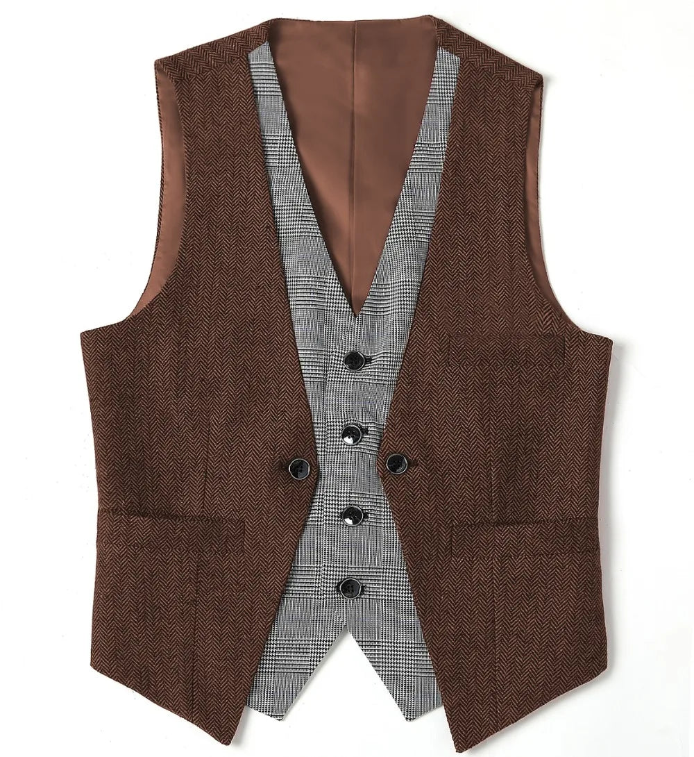 Men's Herringbone Vest – V-Neck Single Breasted Waistcoat for Weddings & Formal Events