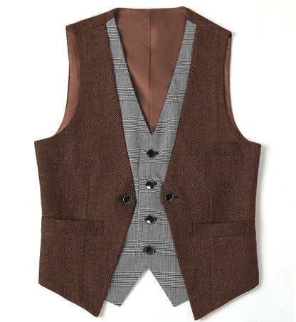 Men's Herringbone Vest – V-Neck Single Breasted Waistcoat for Weddings & Formal Events