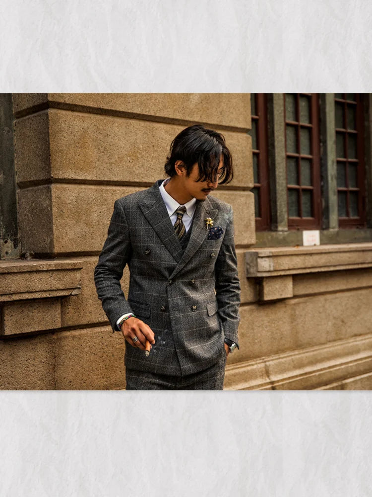 Retro British Style Double Breasted Suit Jacket Men's Checkered Business Formal Suit Wedding Professional Suit