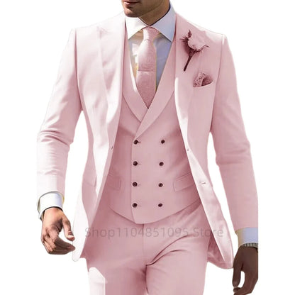 Pink 3 Piece Slim Fit Men's Tuxedo Groom's Wedding Prom Business Costume with Peak Lapel Two Buttons Blazer Vest Pants Set Homme