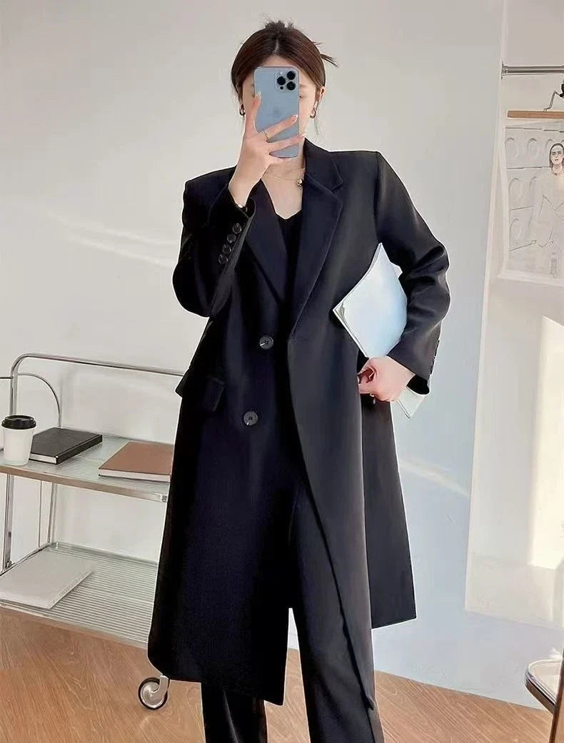 Elegant Women's Basic Solid Color Single Breasted Loose Casual Long Suit Jacket 2025 Spring Autumn Premium Trench Black Coat