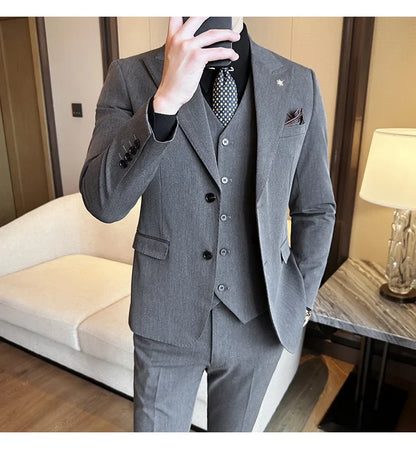 (Blazer + Vest + Trousers) 2024 New Men Formal Business Solid Suit 3 Pieces Set Italian Style Luxury Wedding Social Party Tuxedo