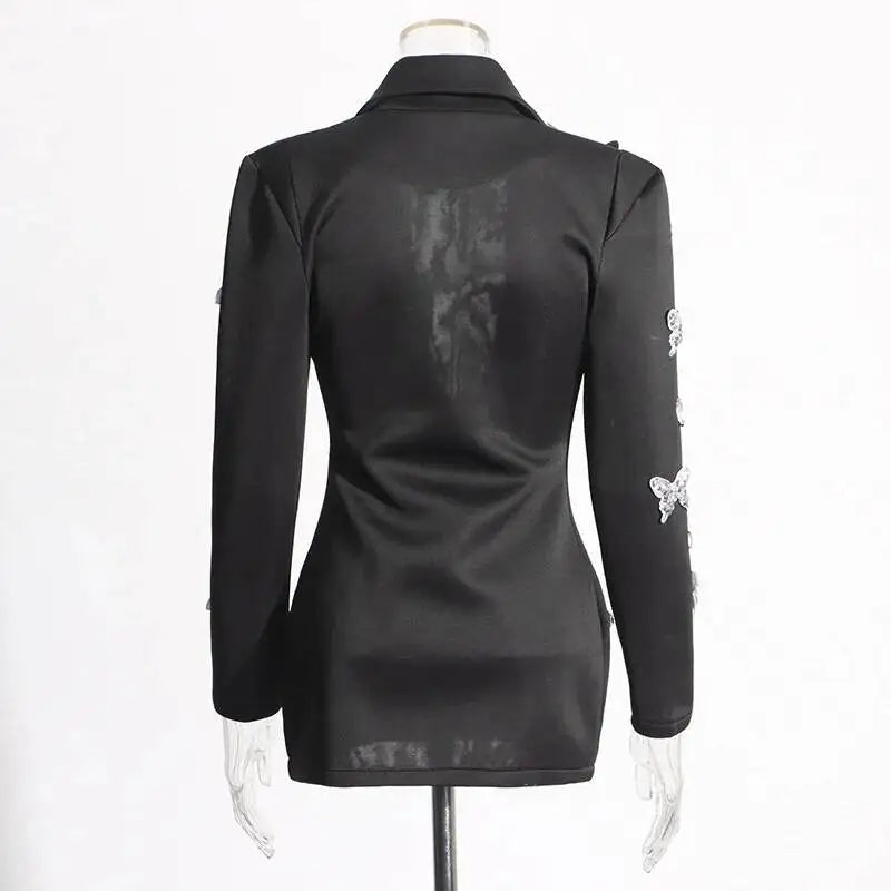Sexy Socialite Style Blazer Dress 2025 Spring Autumn New Women's Turn-Down Collar Long Sleeve Sequin Diamond Jacket  HK8313