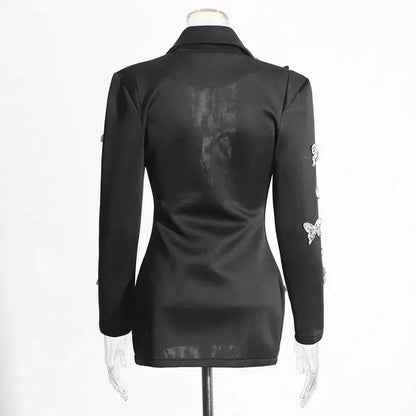 Sexy Socialite Style Blazer Dress 2025 Spring Autumn New Women's Turn-Down Collar Long Sleeve Sequin Diamond Jacket  HK8313