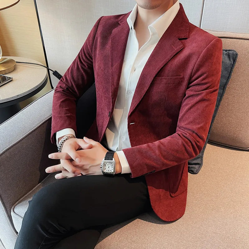 2023 Fashion Men's Corduroy Blazers Top Quality Business Casual Suit Jackets Slim Fit Wedding Groom Streetwear Social Dress Coat