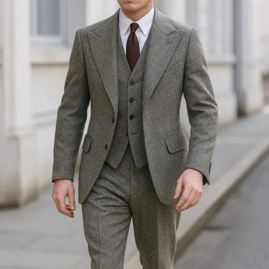 Men Suit Gray 3 Piece Herringbone Single Button With Lapel For Wedding Birthday Banquet Party Prom Business Jacket Vest Pants