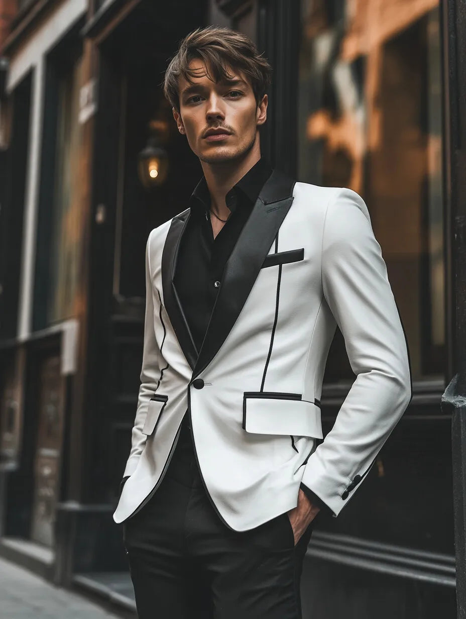Men White Tuxedo Blazer Black Satin Peak Lapel Black Piping Trim One Button Slim Fit Wedding Groom Formal Suit Jacket