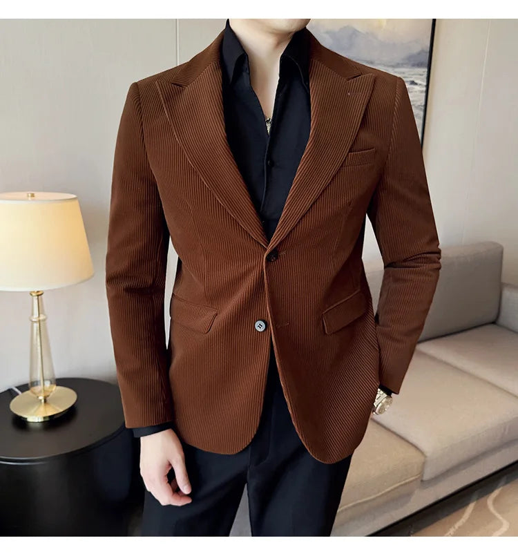 Corduroy Stripe Suit Jacket For Men Autumn Winter Business Slim Fit Tailcoat Formal Wedding Party Fashion Casual Suit Coat 4XL-M
