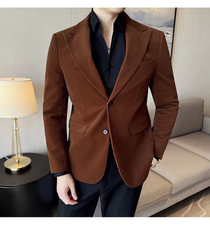 Corduroy Stripe Suit Jacket For Men Autumn Winter Business Slim Fit Tailcoat Formal Wedding Party Fashion Casual Suit Coat 4XL-M