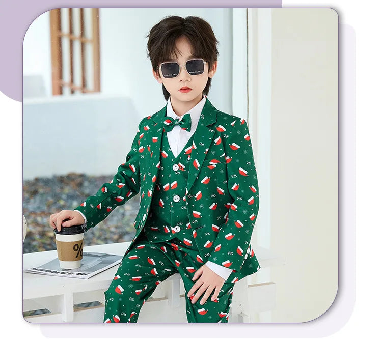 Boys Christmas Blazer Jacket Waistcoat Pants Wedding Suits Kids Morning Coat Formal Dress Children Tuxedos Toddler Clothes Sets