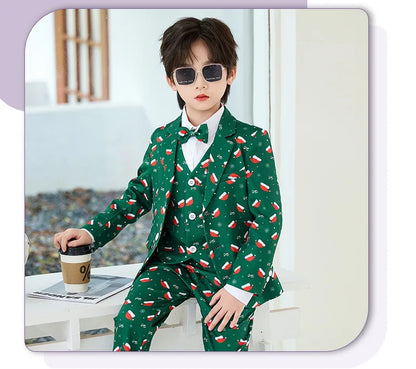 Boys Christmas Blazer Jacket Waistcoat Pants Wedding Suits Kids Morning Coat Formal Dress Children Tuxedos Toddler Clothes Sets